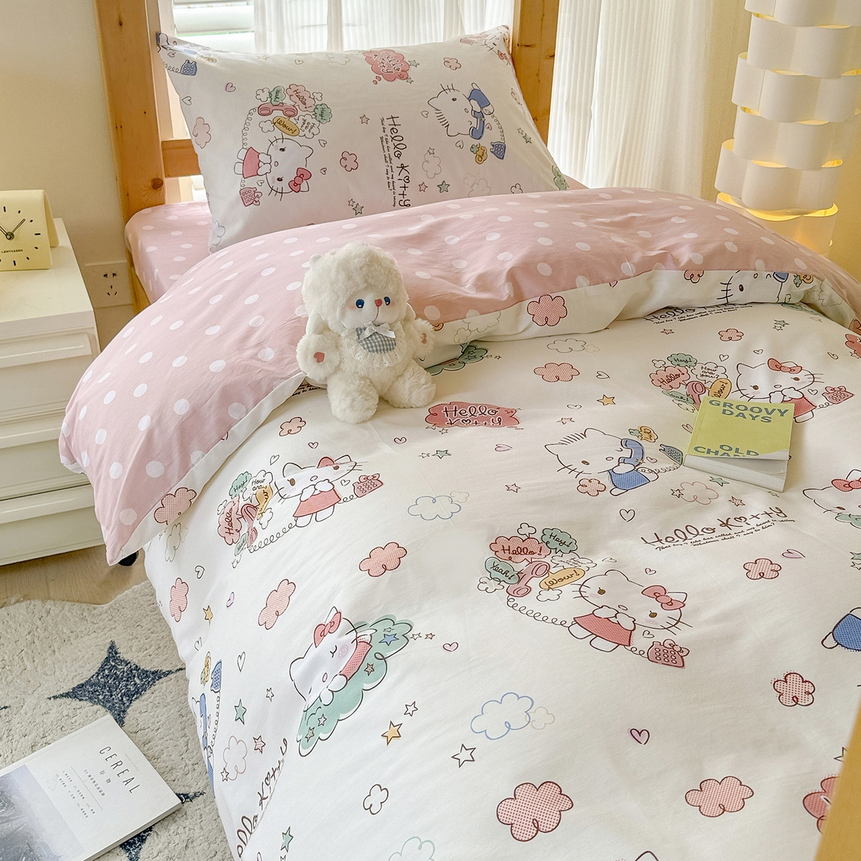 91家纺网 家纺一手货源 找家纺 玉元坊 2026新款三丽鸥正版库洛米美乐蒂凯蒂猫全棉纯棉0.9m学生宿舍床三件套基础款 甜心kt