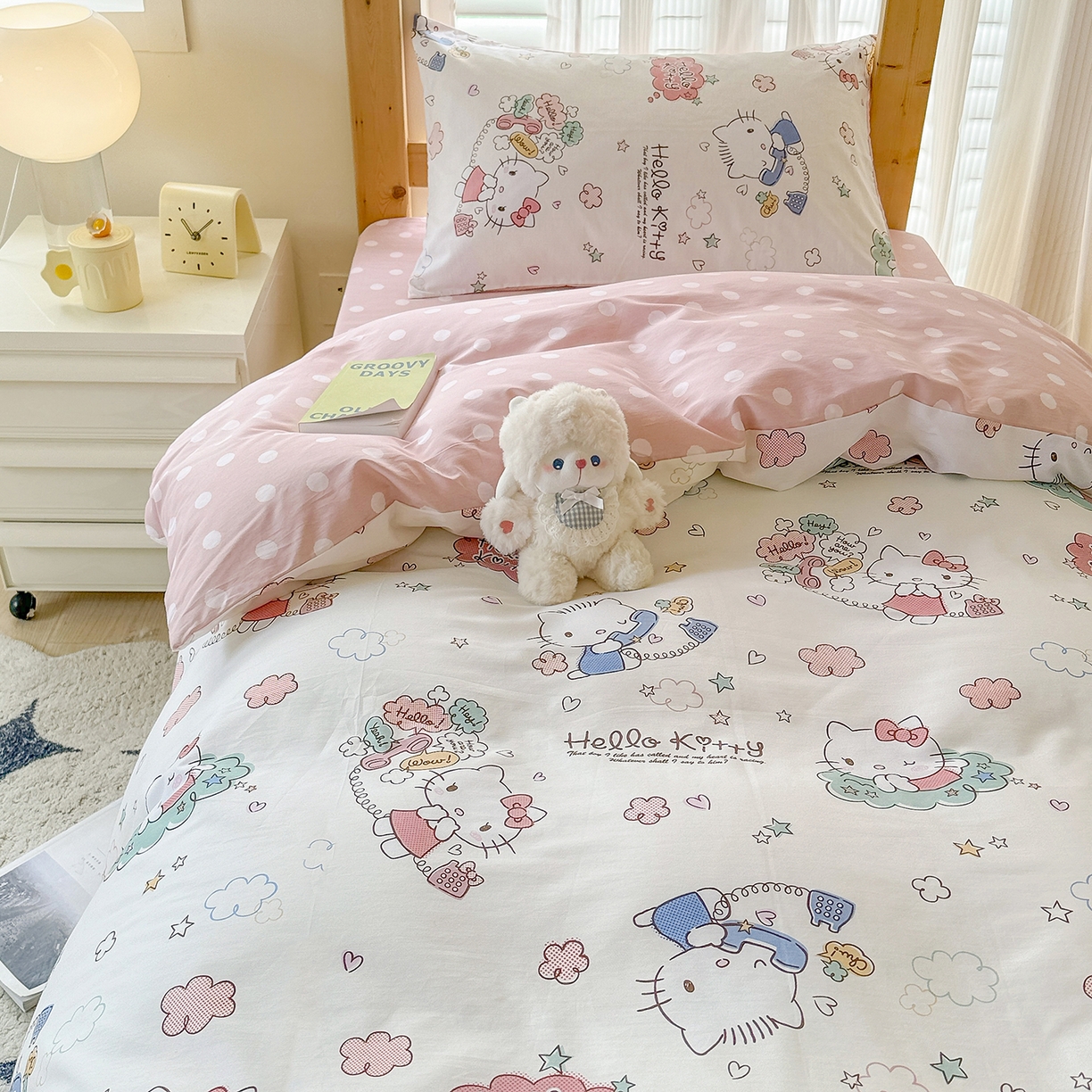 91家纺网 家纺一手货源 找家纺 玉元坊 2026新款三丽鸥正版库洛米美乐蒂凯蒂猫全棉纯棉0.9m学生宿舍床三件套基础款 甜心kt