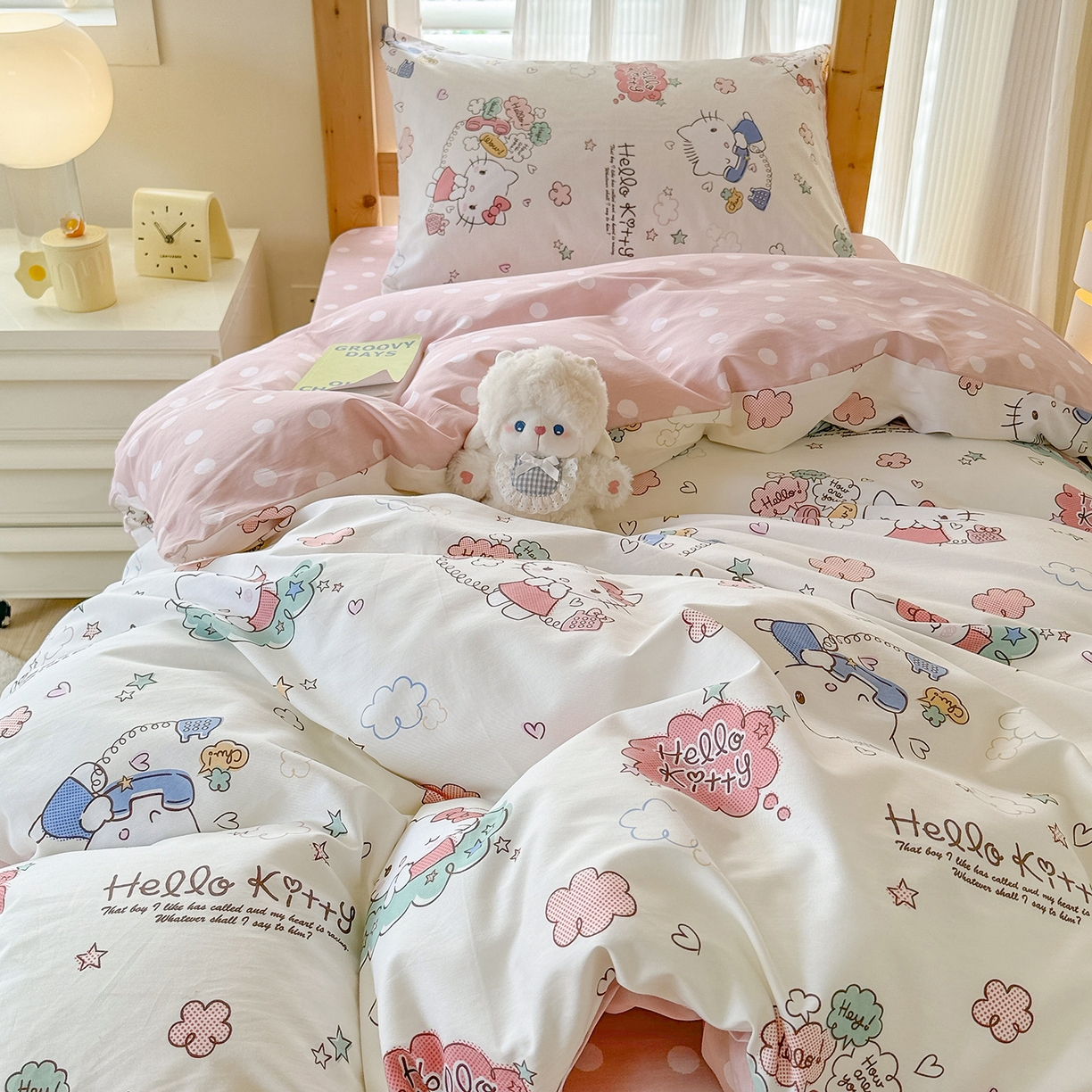 91家纺网 家纺一手货源 找家纺 玉元坊 2026新款三丽鸥正版库洛米美乐蒂凯蒂猫全棉纯棉0.9m学生宿舍床三件套基础款 甜心kt