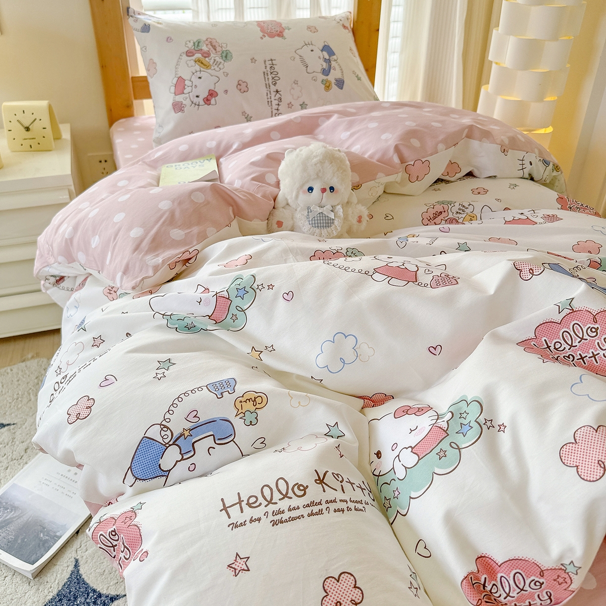 91家纺网 家纺一手货源 找家纺 玉元坊 2026新款三丽鸥正版库洛米美乐蒂凯蒂猫全棉纯棉0.9m学生宿舍床三件套基础款 甜心kt