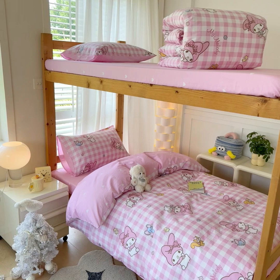 91家纺网 家纺一手货源 找家纺 玉元坊 2026新款三丽鸥正版库洛米美乐蒂凯蒂猫全棉纯棉0.9m学生宿舍床三件套基础款 粉格美乐蒂