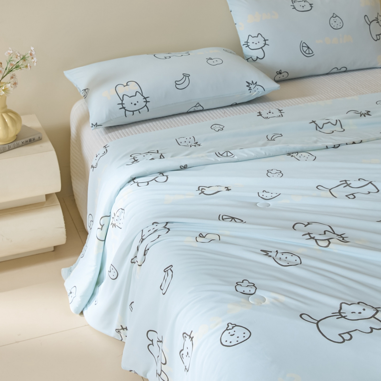 91家纺网 家纺一手货源 找家纺 一加一 2026新款A类凉感冰皮印花冰蚕被夏被夏凉被空调被 夏日甜猫