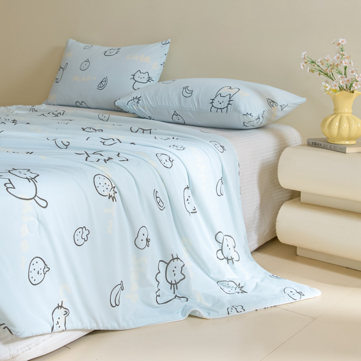 91家纺网 家纺一手货源 找家纺 一加一 2026新款A类凉感冰皮印花冰蚕被夏被夏凉被空调被 夏日甜猫