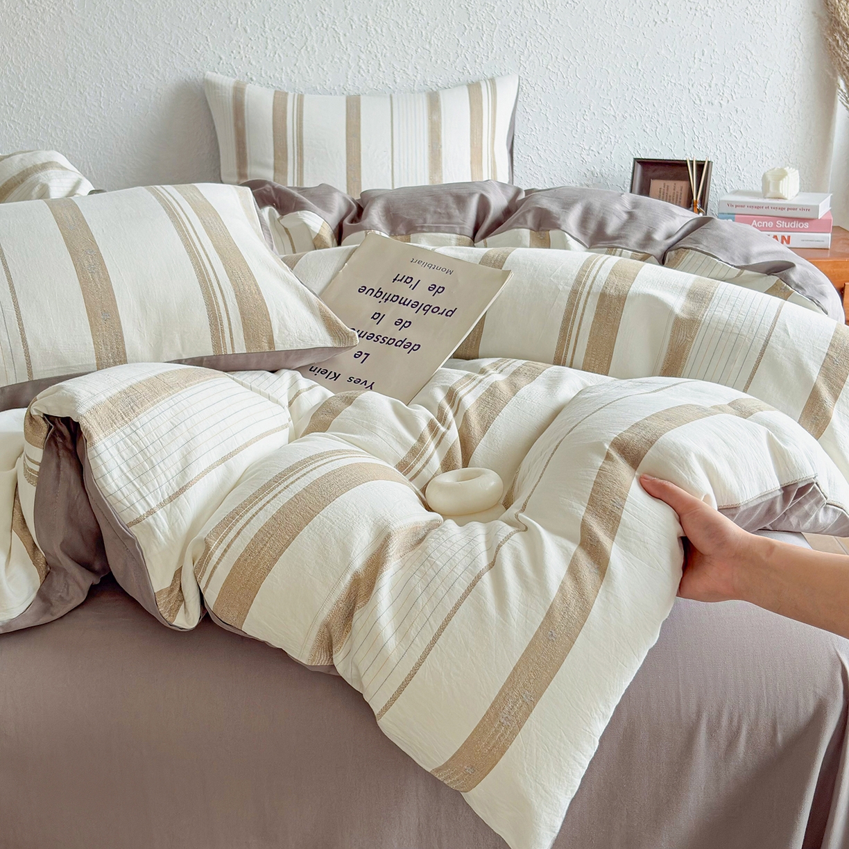 91家纺网 家纺一手货源 找家纺 贝尔 2026新款全棉色织提花双层纱单被套 岛屿灰