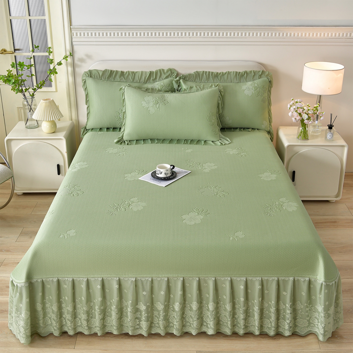 91家纺网 家纺一手货源 找家纺 绒耀家纺 直播新款加厚复合冰豆豆PE高分子凉感丝双面提花凉席三件套双层花边（控价最低139起） 静庭玫瑰-绿