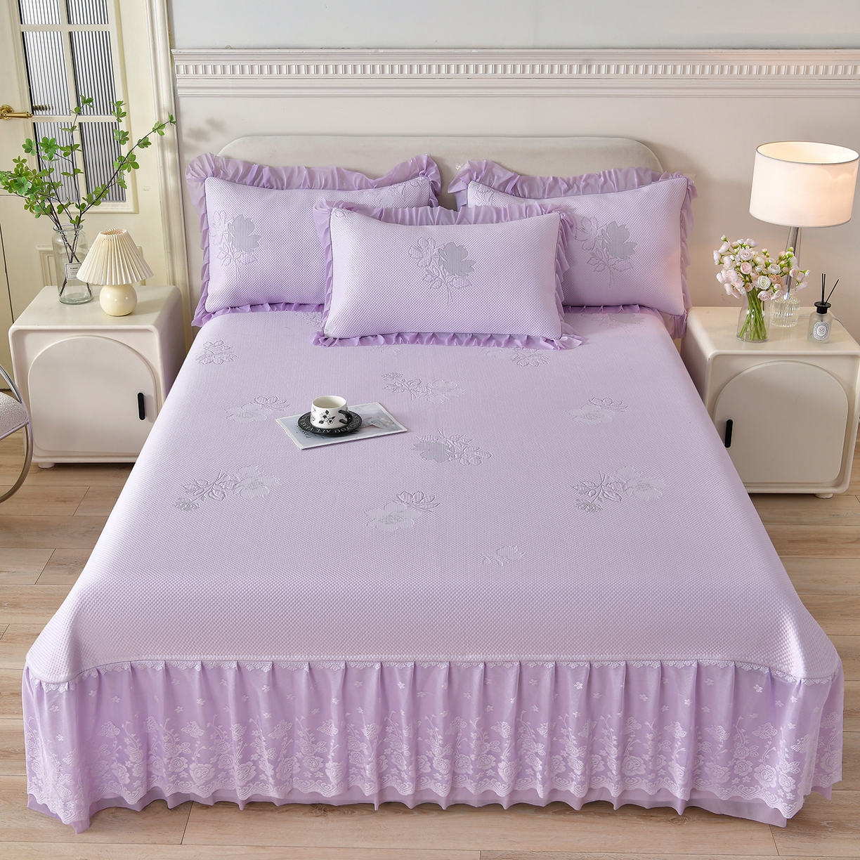 91家纺网 家纺一手货源 找家纺 绒耀家纺 直播新款加厚复合冰豆豆PE高分子凉感丝双面提花凉席三件套双层花边（控价最低139起） 静庭玫瑰-紫