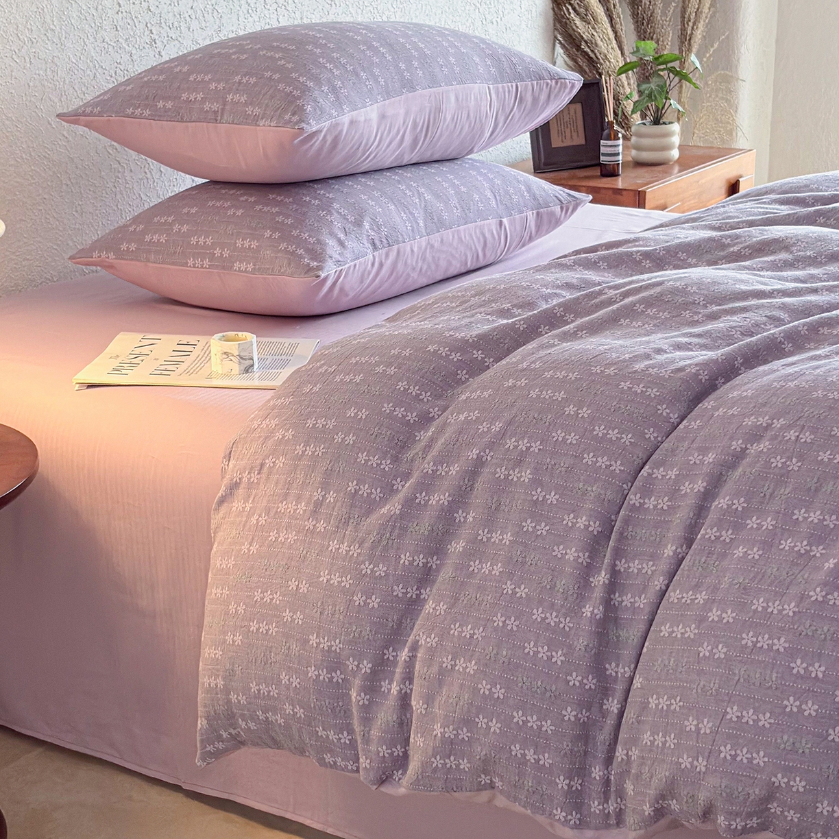 91家纺网 家纺一手货源 找家纺 贝尔 2026新款全棉色织提花双层纱单被套 花漫