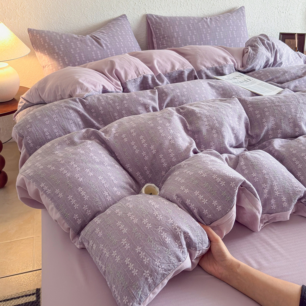 91家纺网 家纺一手货源 找家纺 贝尔 2026新款全棉色织提花双层纱单被套 花漫