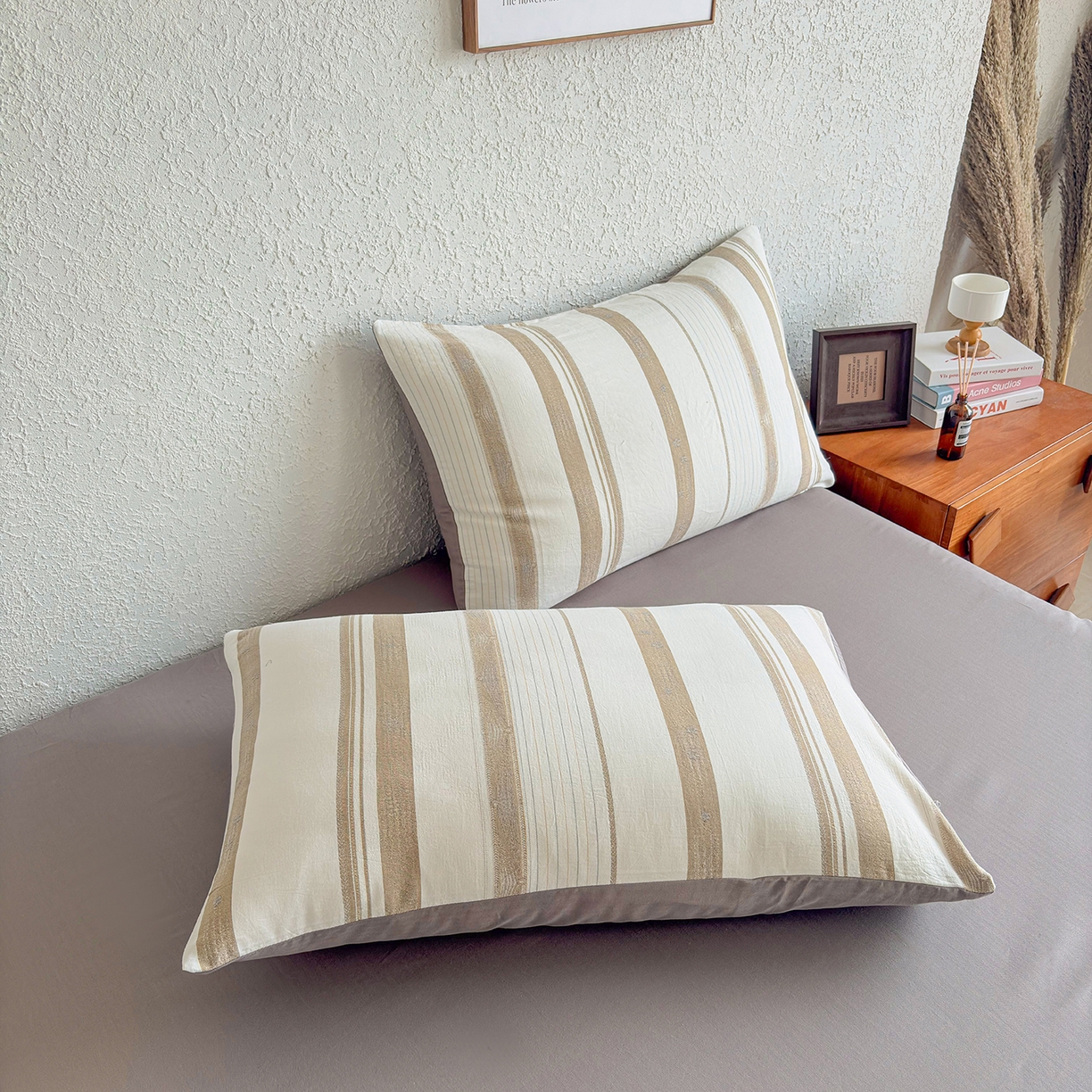 贝尔 2026新款全棉色织提花双层纱单枕套 岛屿灰