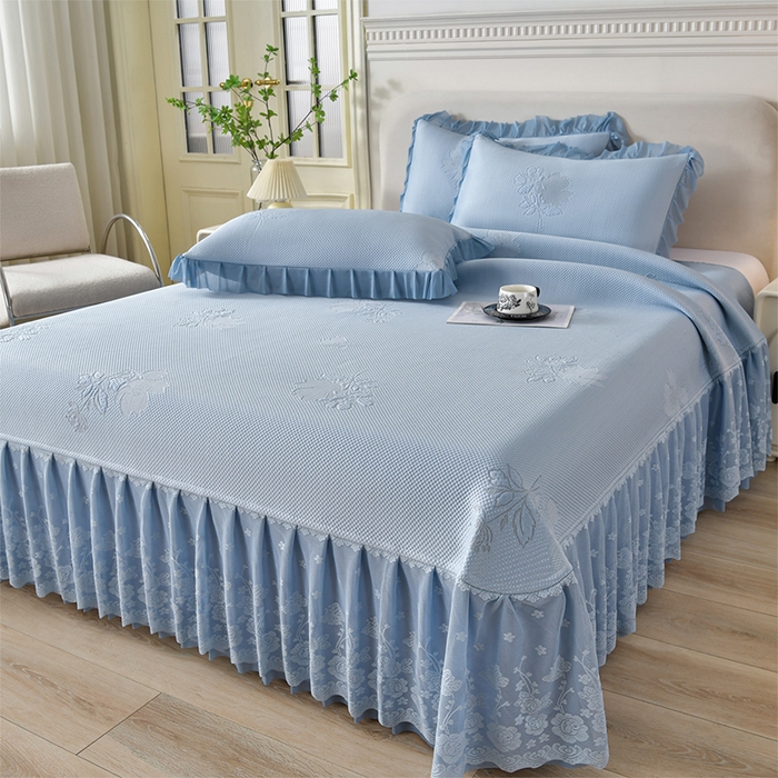 91家纺网 家纺一手货源 找家纺 （总）绒耀家纺 直播新款加厚复合冰豆豆PE高分子凉感丝双面提花凉席三件套双层花边（控价最低139起）