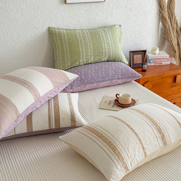 91家纺网 家纺一手货源 找家纺 贝尔 PELLHOME 全棉纽扣色织水洗棉格子四件套单品系列-单枕套（可抖音代发） 梦幻-绿