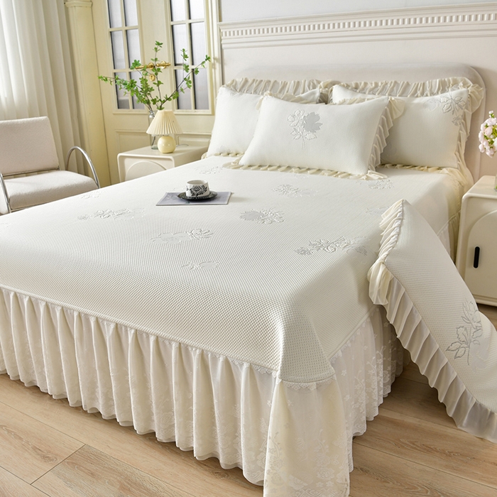 绒耀家纺 直播新款加厚复合冰豆豆PE高分子凉感丝双面提花凉席三件套双层花边（控价最低139起） 静庭玫瑰-白