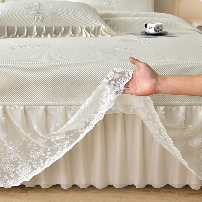 91家纺网 家纺一手货源 找家纺 绒耀家纺 直播新款加厚复合冰豆豆PE高分子凉感丝双面提花凉席三件套双层花边（控价最低139起） 静庭玫瑰-白