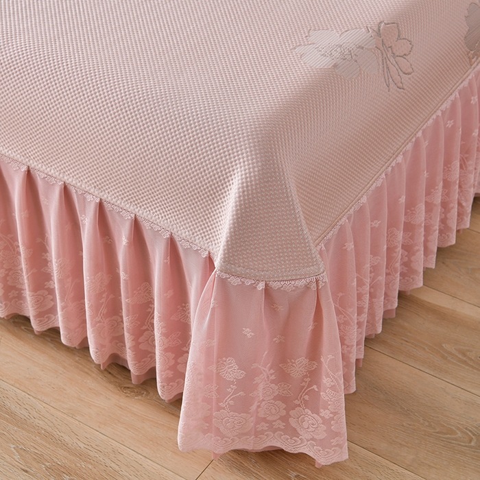 91家纺网 家纺一手货源 找家纺 绒耀家纺 直播新款加厚复合冰豆豆PE高分子凉感丝双面提花凉席三件套双层花边（控价最低139起） 静庭玫瑰-粉