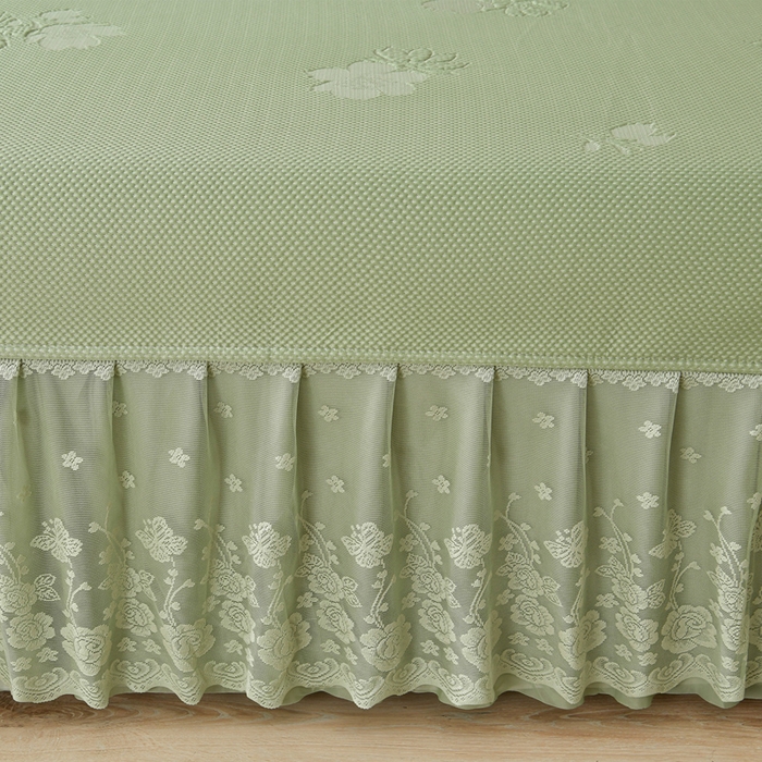 91家纺网 家纺一手货源 找家纺 绒耀家纺 直播新款加厚复合冰豆豆PE高分子凉感丝双面提花凉席三件套双层花边（控价最低139起） 静庭玫瑰-绿