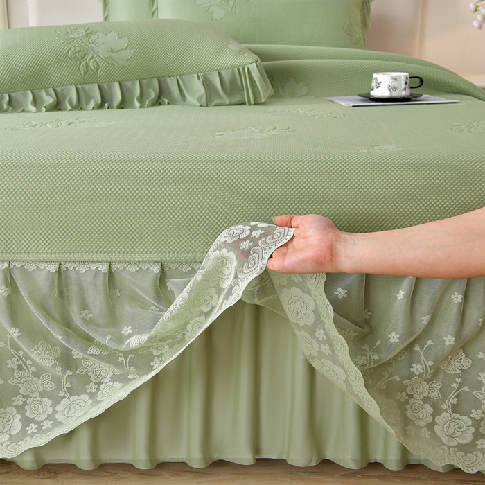 91家纺网 家纺一手货源 找家纺 绒耀家纺 直播新款加厚复合冰豆豆PE高分子凉感丝双面提花凉席三件套双层花边（控价最低139起） 静庭玫瑰-绿