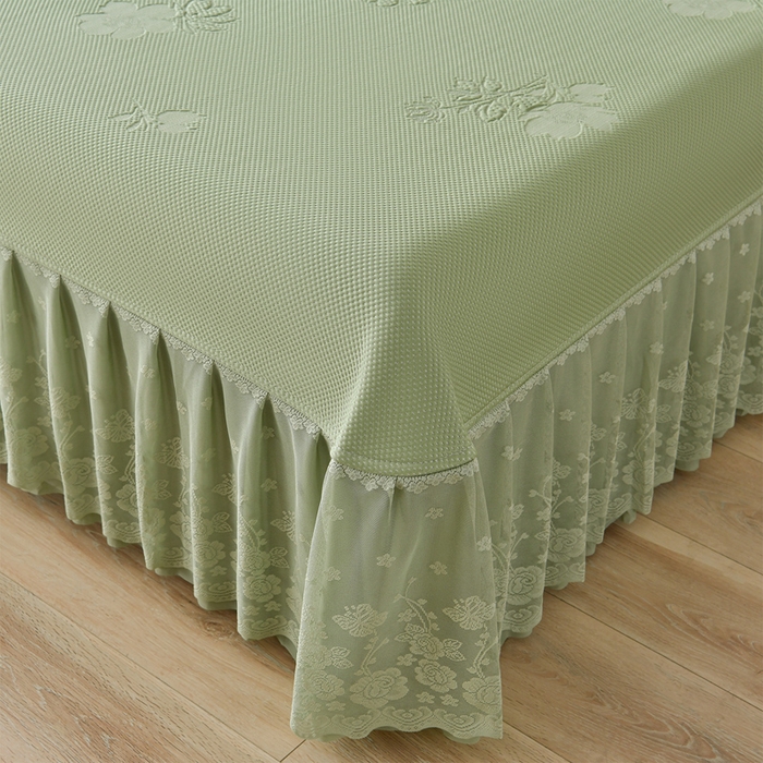 91家纺网 家纺一手货源 找家纺 绒耀家纺 直播新款加厚复合冰豆豆PE高分子凉感丝双面提花凉席三件套双层花边（控价最低139起） 静庭玫瑰-绿