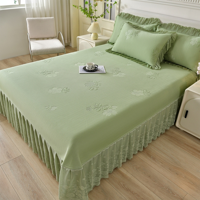 91家纺网 家纺一手货源 找家纺 绒耀家纺 直播新款加厚复合冰豆豆PE高分子凉感丝双面提花凉席三件套双层花边（控价最低139起） 静庭玫瑰-绿