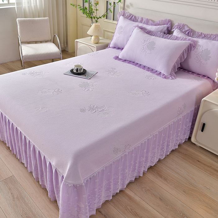 91家纺网 家纺一手货源 找家纺 绒耀家纺 直播新款加厚复合冰豆豆PE高分子凉感丝双面提花凉席三件套双层花边（控价最低139起） 静庭玫瑰-紫