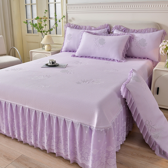 绒耀家纺 直播新款加厚复合冰豆豆PE高分子凉感丝双面提花凉席三件套双层花边（控价最低139起） 静庭玫瑰-紫