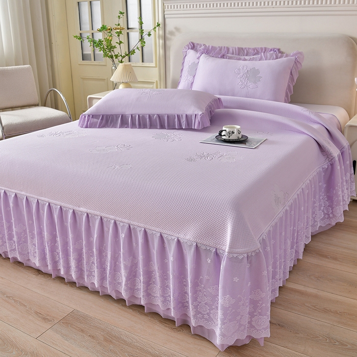 91家纺网 家纺一手货源 找家纺 绒耀家纺 直播新款加厚复合冰豆豆PE高分子凉感丝双面提花凉席三件套双层花边（控价最低139起） 静庭玫瑰-紫