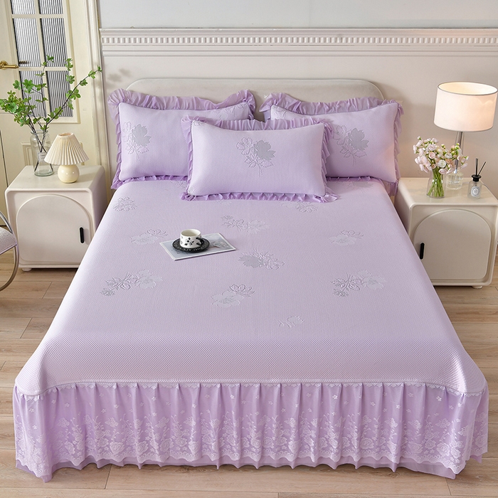 91家纺网 家纺一手货源 找家纺 绒耀家纺 直播新款加厚复合冰豆豆PE高分子凉感丝双面提花凉席三件套双层花边（控价最低139起） 静庭玫瑰-紫