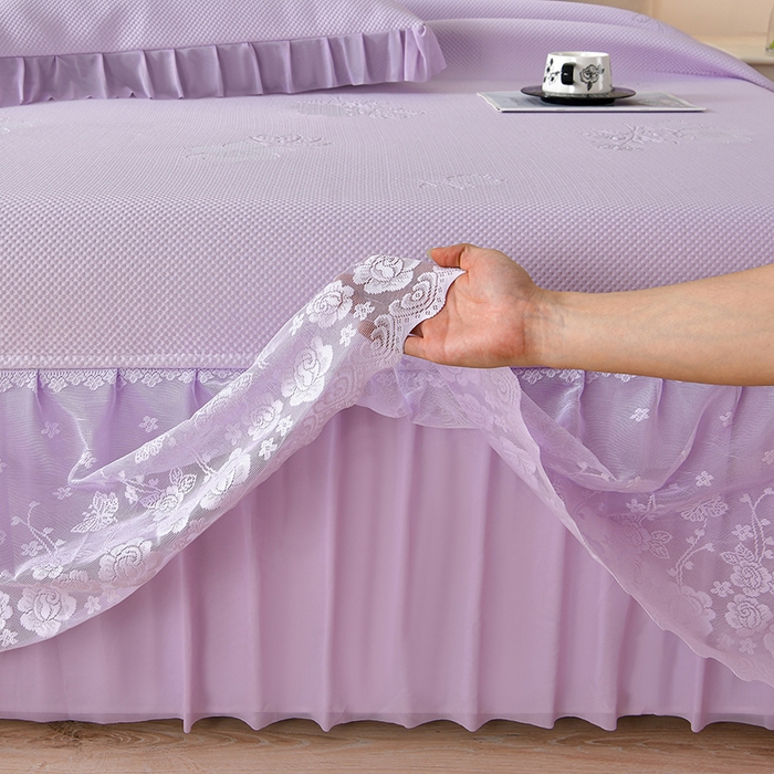 91家纺网 家纺一手货源 找家纺 绒耀家纺 直播新款加厚复合冰豆豆PE高分子凉感丝双面提花凉席三件套双层花边（控价最低139起） 静庭玫瑰-紫