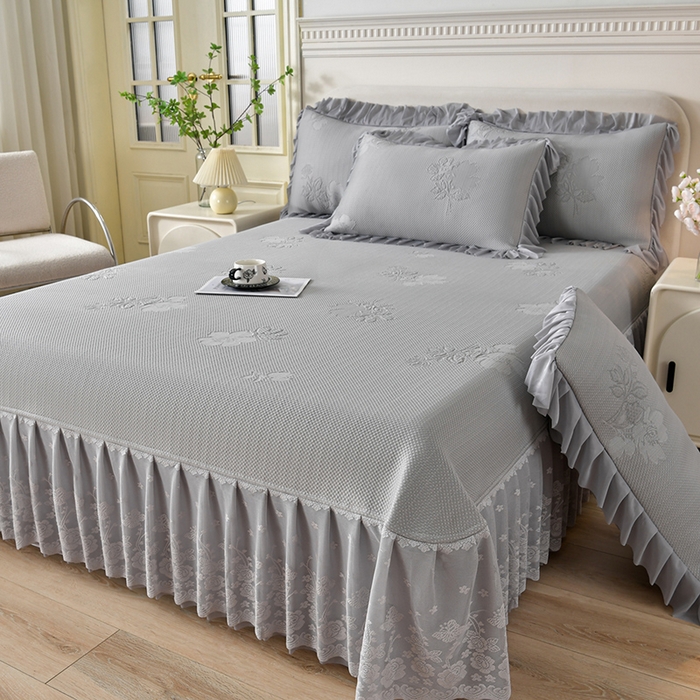 绒耀家纺 直播新款加厚复合冰豆豆PE高分子凉感丝双面提花凉席三件套双层花边（控价最低139起） 静庭玫瑰-灰