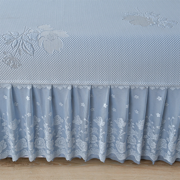 91家纺网 家纺一手货源 找家纺 绒耀家纺 直播新款加厚复合冰豆豆PE高分子凉感丝双面提花凉席三件套双层花边（控价最低139起） 静庭玫瑰-蓝