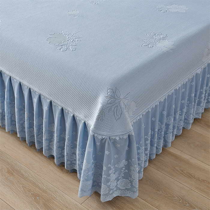 91家纺网 家纺一手货源 找家纺 绒耀家纺 直播新款加厚复合冰豆豆PE高分子凉感丝双面提花凉席三件套双层花边（控价最低139起） 静庭玫瑰-蓝