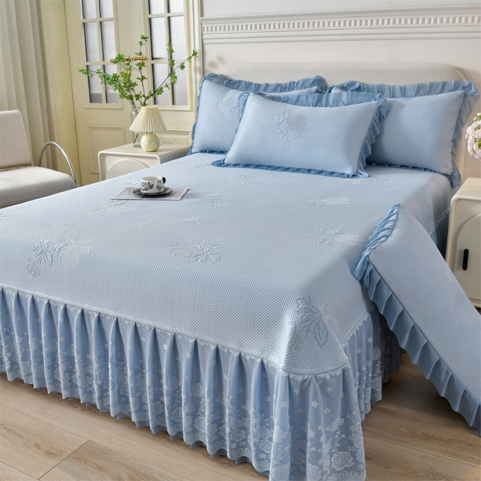 绒耀家纺 直播新款加厚复合冰豆豆PE高分子凉感丝双面提花凉席三件套双层花边（控价最低139起） 静庭玫瑰-蓝