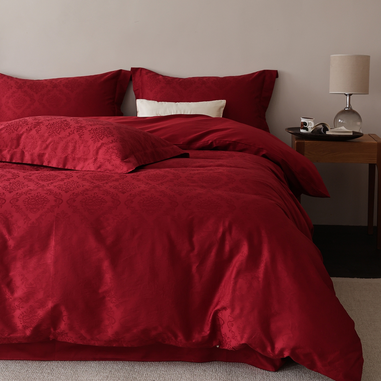 91家纺网 家纺一手货源 找家纺 （总）ONE TWO ONE 121 2026新款全棉100s长绒棉纯棉50支床上用品结婚大红色婚庆四件套提花浪漫礼遇