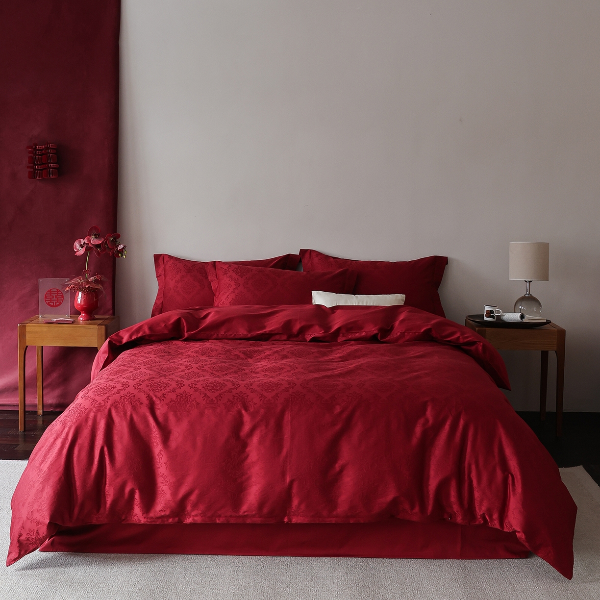 91家纺网 家纺一手货源 找家纺 （总）ONE TWO ONE 121 2026新款全棉100s长绒棉纯棉50支床上用品结婚大红色婚庆四件套提花浪漫礼遇