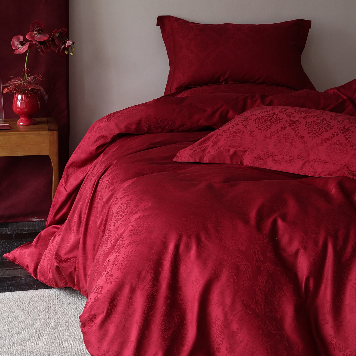 91家纺网 家纺一手货源 找家纺 （总）ONE TWO ONE 121 2026新款全棉100s长绒棉纯棉50支床上用品结婚大红色婚庆四件套提花浪漫礼遇