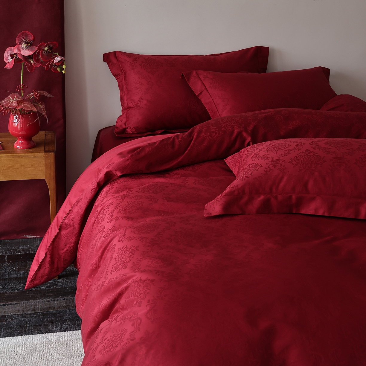 91家纺网 家纺一手货源 找家纺 （总）ONE TWO ONE 121 2026新款全棉100s长绒棉纯棉50支床上用品结婚大红色婚庆四件套提花浪漫礼遇