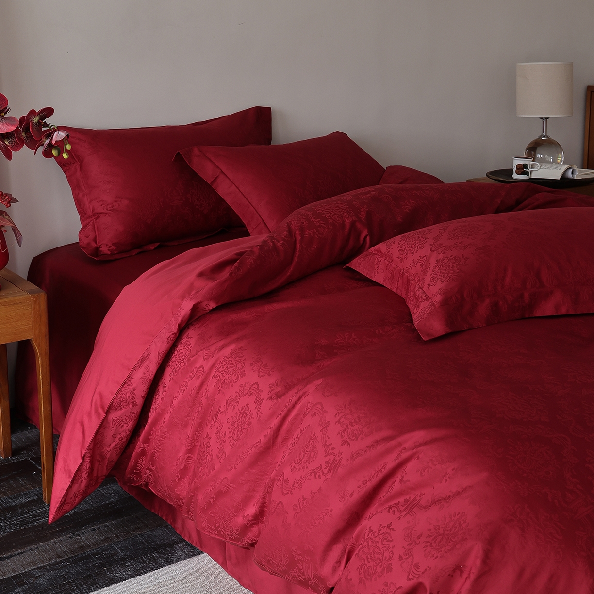 91家纺网 家纺一手货源 找家纺 （总）ONE TWO ONE 121 2026新款全棉100s长绒棉纯棉50支床上用品结婚大红色婚庆四件套提花浪漫礼遇