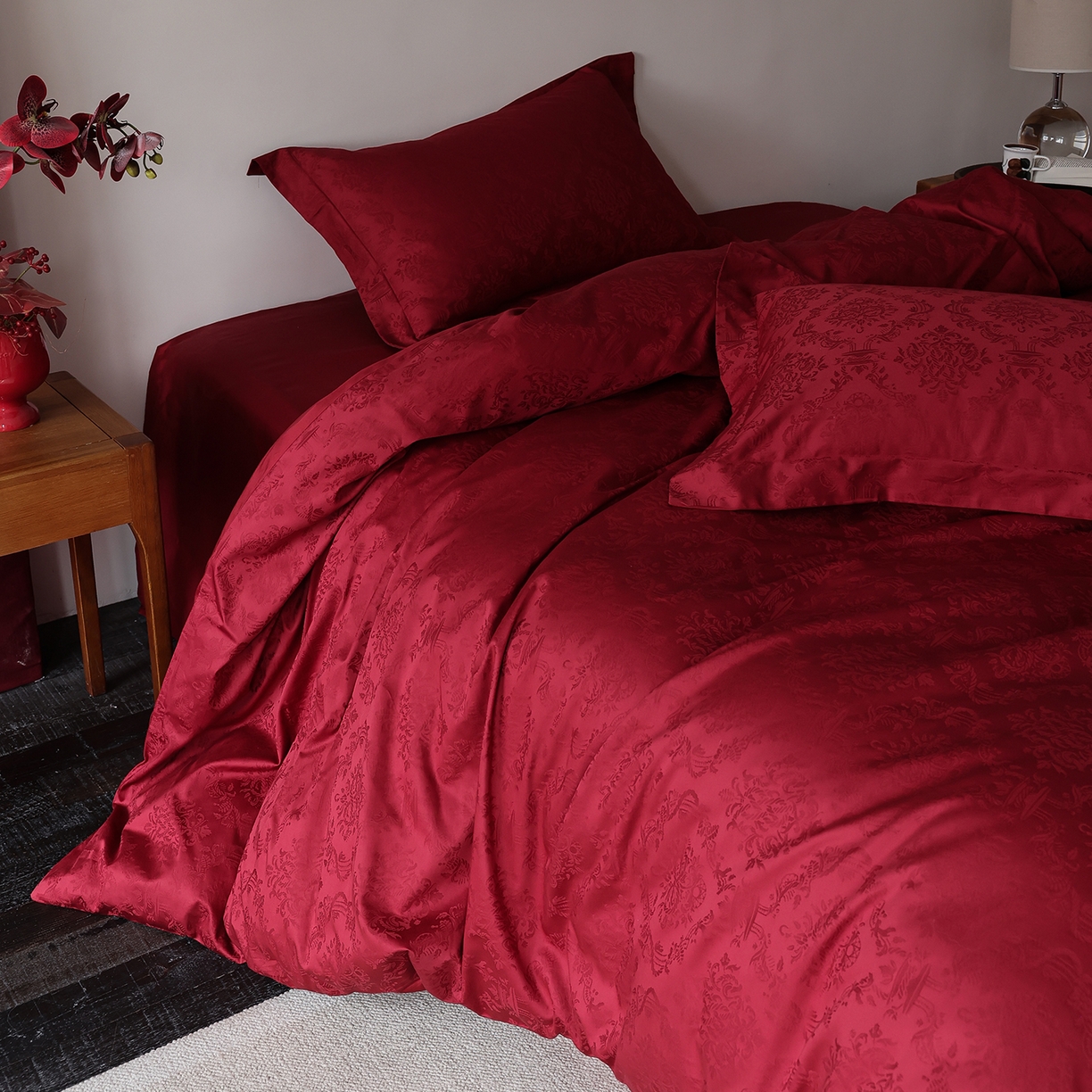 91家纺网 家纺一手货源 找家纺 （总）ONE TWO ONE 121 2026新款全棉100s长绒棉纯棉50支床上用品结婚大红色婚庆四件套提花浪漫礼遇