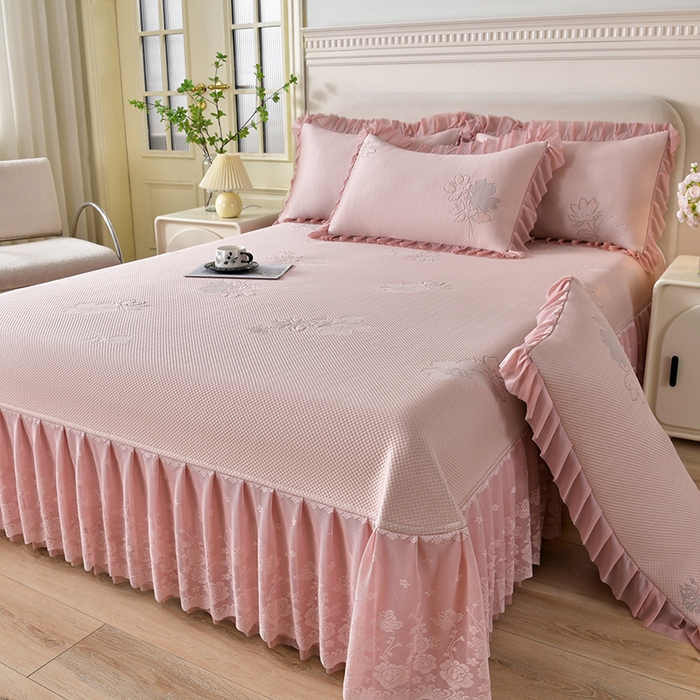 91家纺网 家纺一手货源 找家纺 （总）绒耀家纺 直播新款加厚复合冰豆豆PE高分子凉感丝双面提花凉席三件套双层花边（控价最低139起）