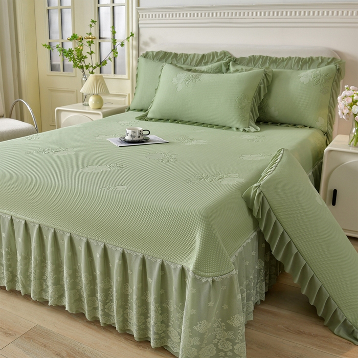 91家纺网 家纺一手货源 找家纺 （总）绒耀家纺 直播新款加厚复合冰豆豆PE高分子凉感丝双面提花凉席三件套双层花边（控价最低139起）