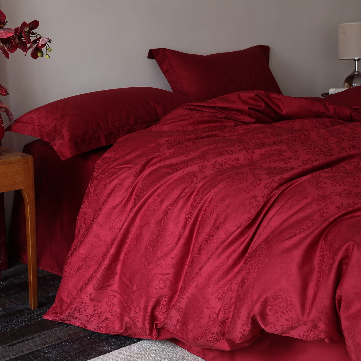 91家纺网 家纺一手货源 找家纺 （总）ONE TWO ONE 121 2026新款全棉100s长绒棉纯棉50支床上用品结婚大红色婚庆四件套提花浪漫礼遇