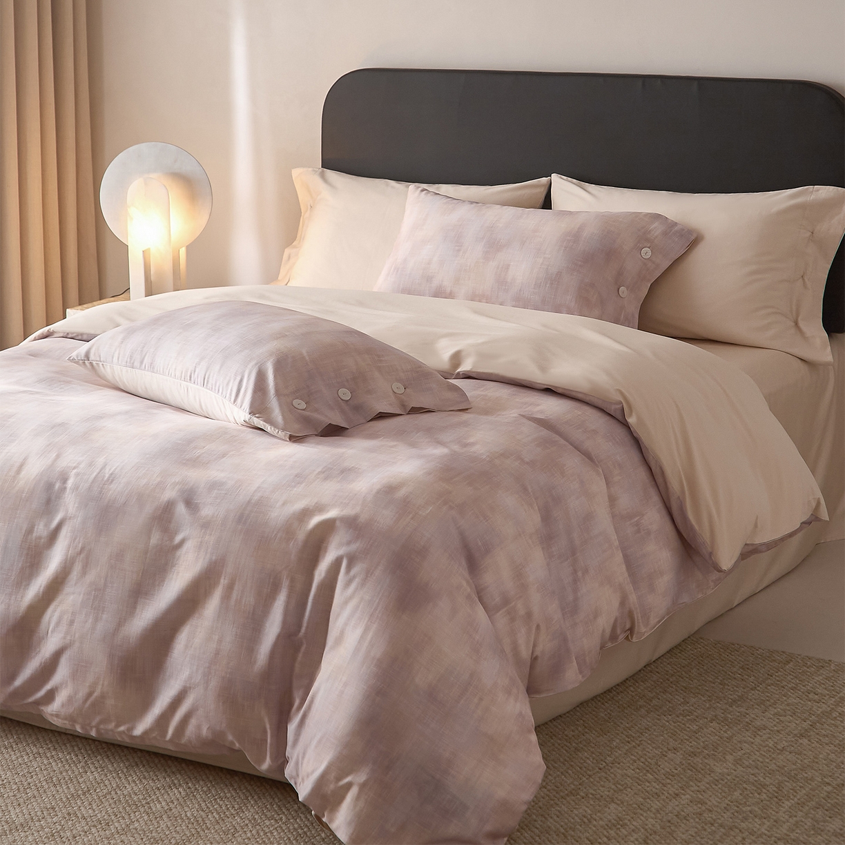 91家纺网 家纺一手货源 找家纺 ONE TWO ONE 121 2026新款100s50支长绒棉纯棉全棉床上用品数码印花四件套纽扣款-墨染江南 墨染江南-粉