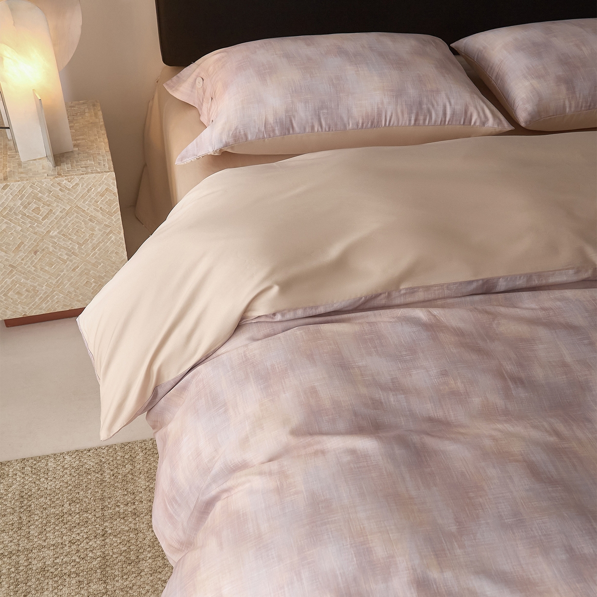 91家纺网 家纺一手货源 找家纺 ONE TWO ONE 121 2026新款100s50支长绒棉纯棉全棉床上用品数码印花四件套纽扣款-墨染江南 墨染江南-粉