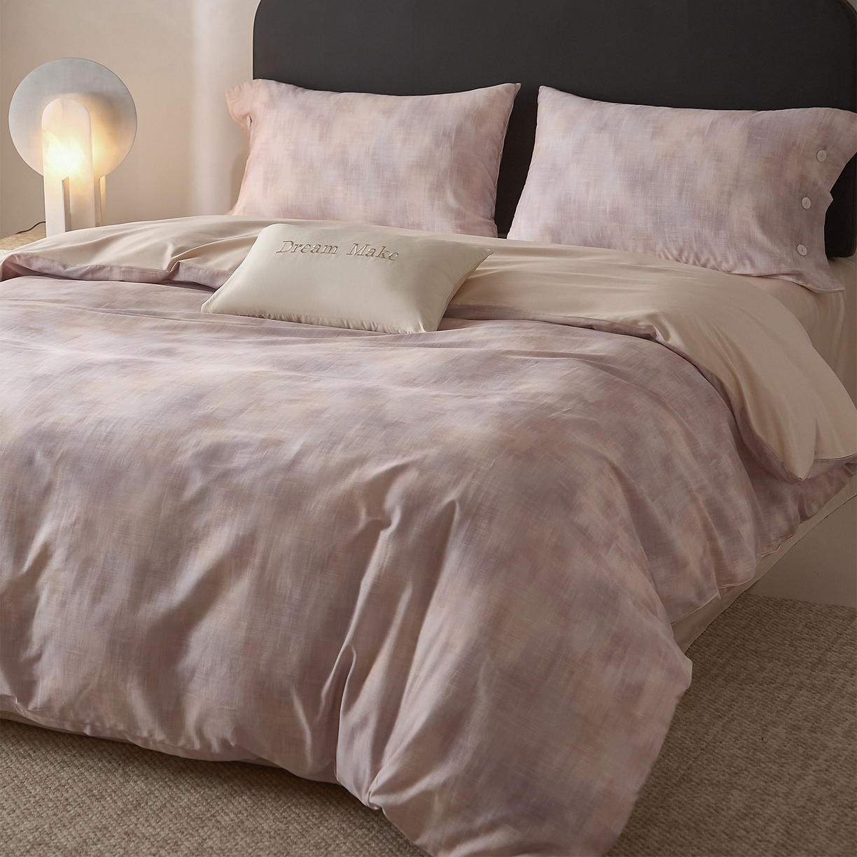 91家纺网 家纺一手货源 找家纺 ONE TWO ONE 121 2026新款100s50支长绒棉纯棉全棉床上用品数码印花四件套纽扣款-墨染江南 墨染江南-粉