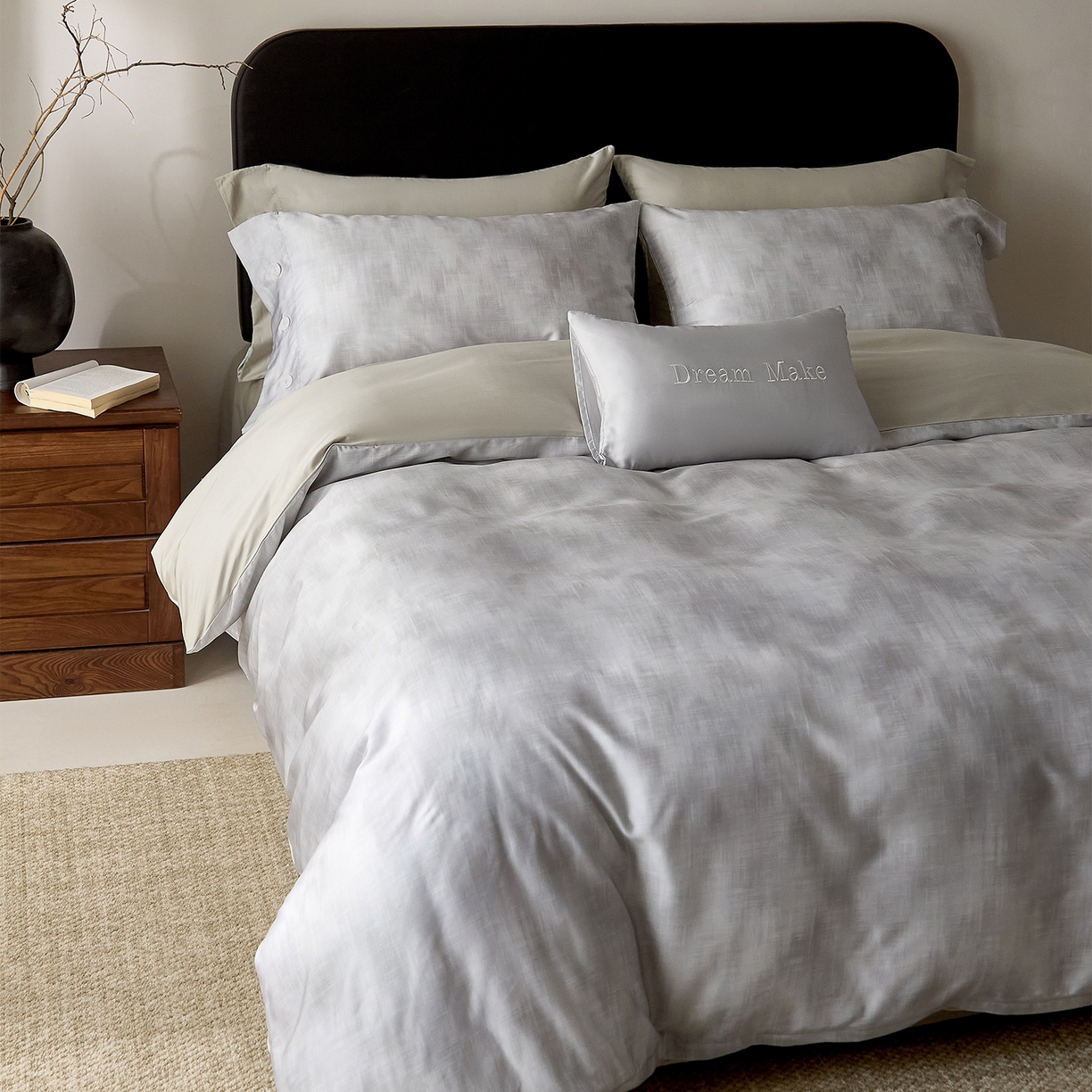 91家纺网 家纺一手货源 找家纺 ONE TWO ONE 121 2026新款100s50支长绒棉纯棉全棉床上用品数码印花四件套纽扣款-墨染江南 墨染江南-灰