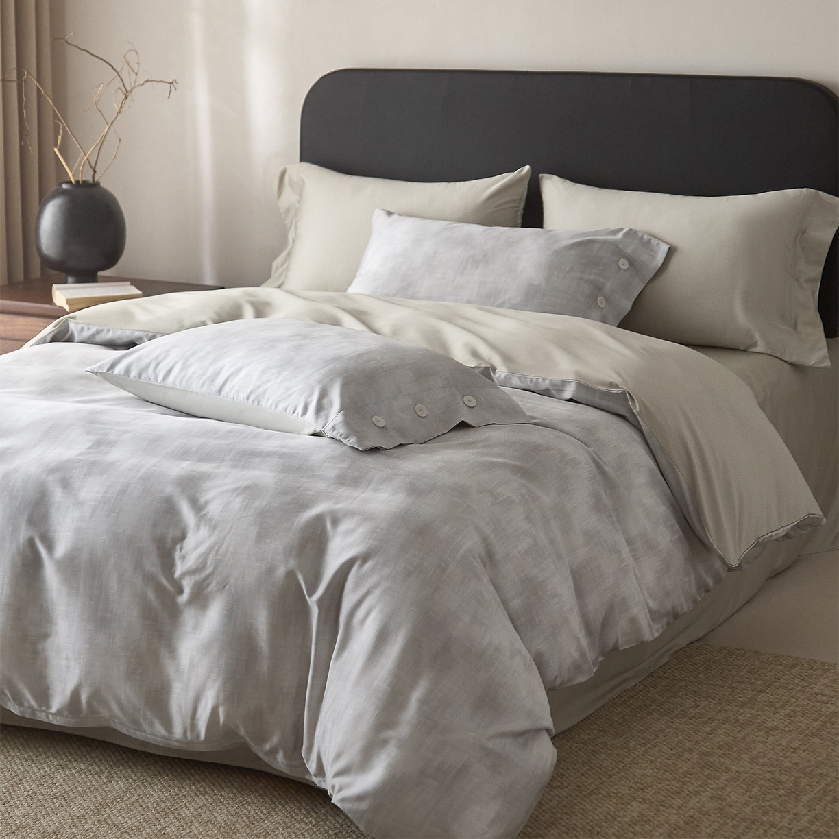 91家纺网 家纺一手货源 找家纺 ONE TWO ONE 121 2026新款100s50支长绒棉纯棉全棉床上用品数码印花四件套纽扣款-墨染江南 墨染江南-灰