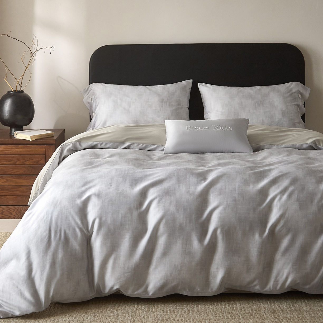 91家纺网 家纺一手货源 找家纺 ONE TWO ONE 121 2026新款100s50支长绒棉纯棉全棉床上用品数码印花四件套纽扣款-墨染江南 墨染江南-灰