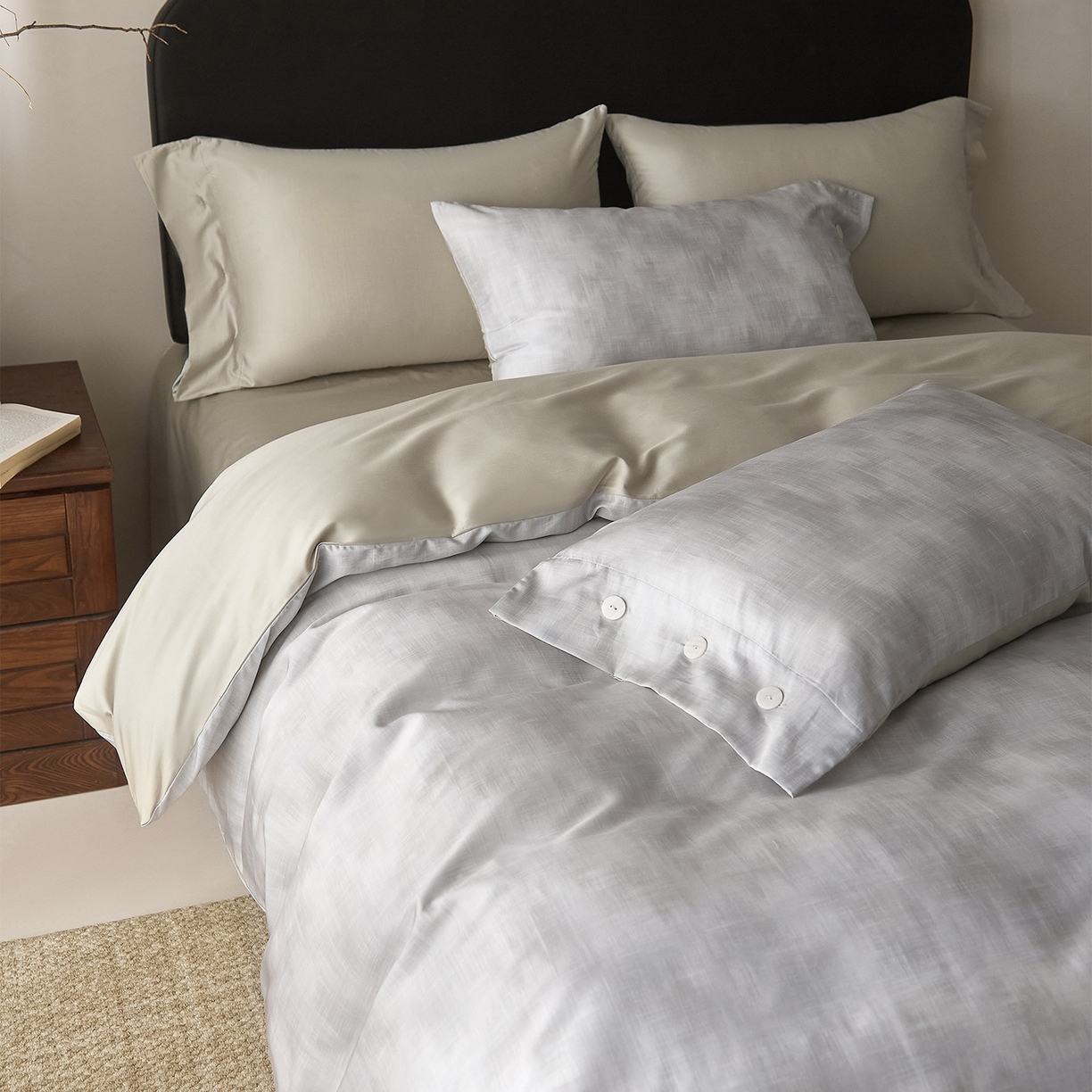 91家纺网 家纺一手货源 找家纺 ONE TWO ONE 121 2026新款100s50支长绒棉纯棉全棉床上用品数码印花四件套纽扣款-墨染江南 墨染江南-灰