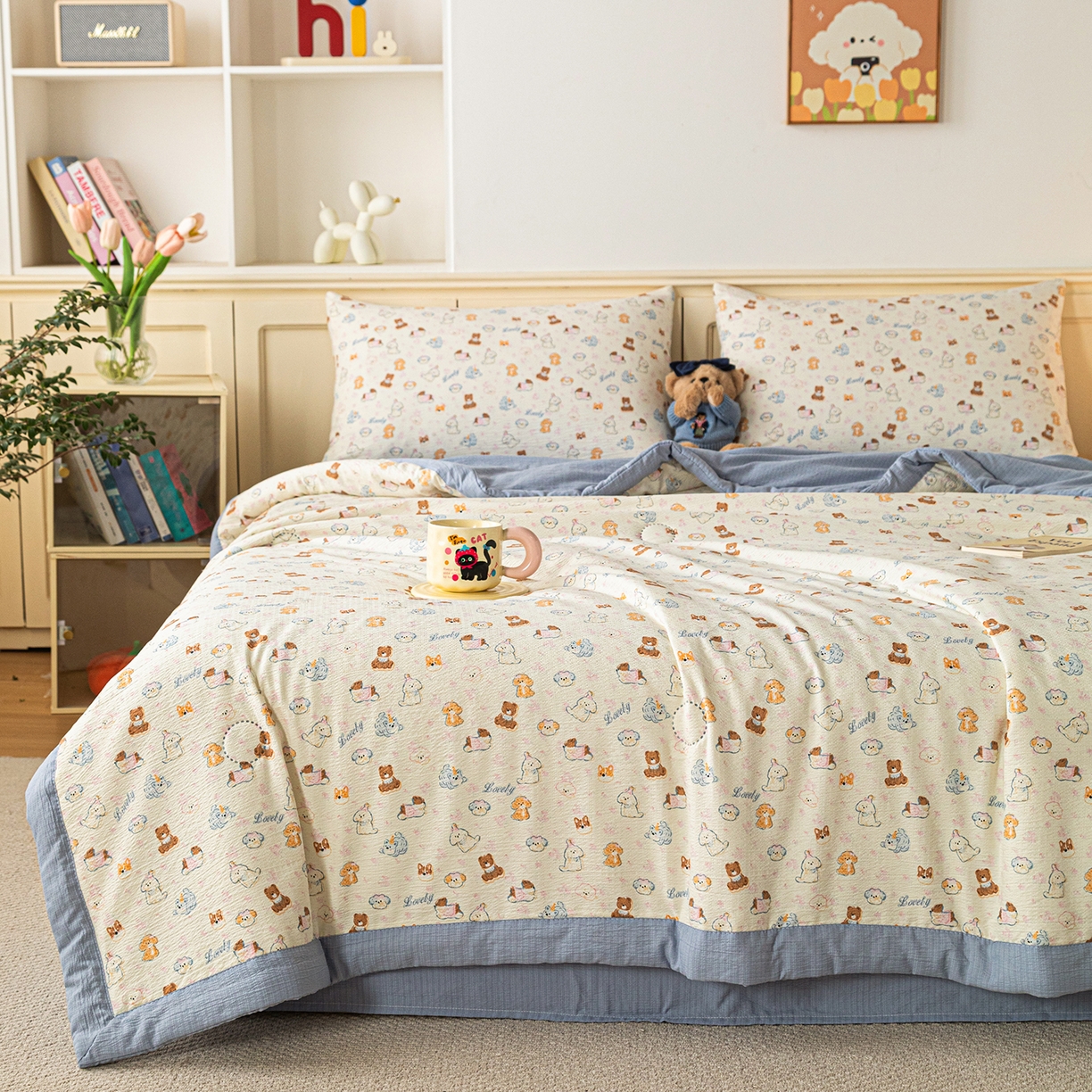 91家纺网 家纺一手货源 找家纺 （总）安琪家纺 2026新款A类云感双层纱皱皱纱棉花被小清新印花夏被夏凉被费尔岛【日产万单】