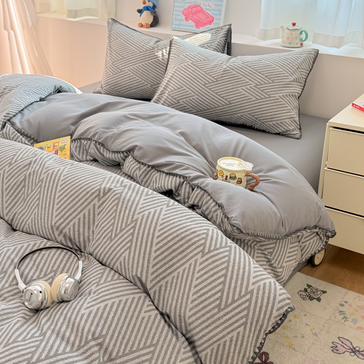 女子家纺 2026新款贝壳边三角针12868全棉纯棉四件套 编织灰条-灰