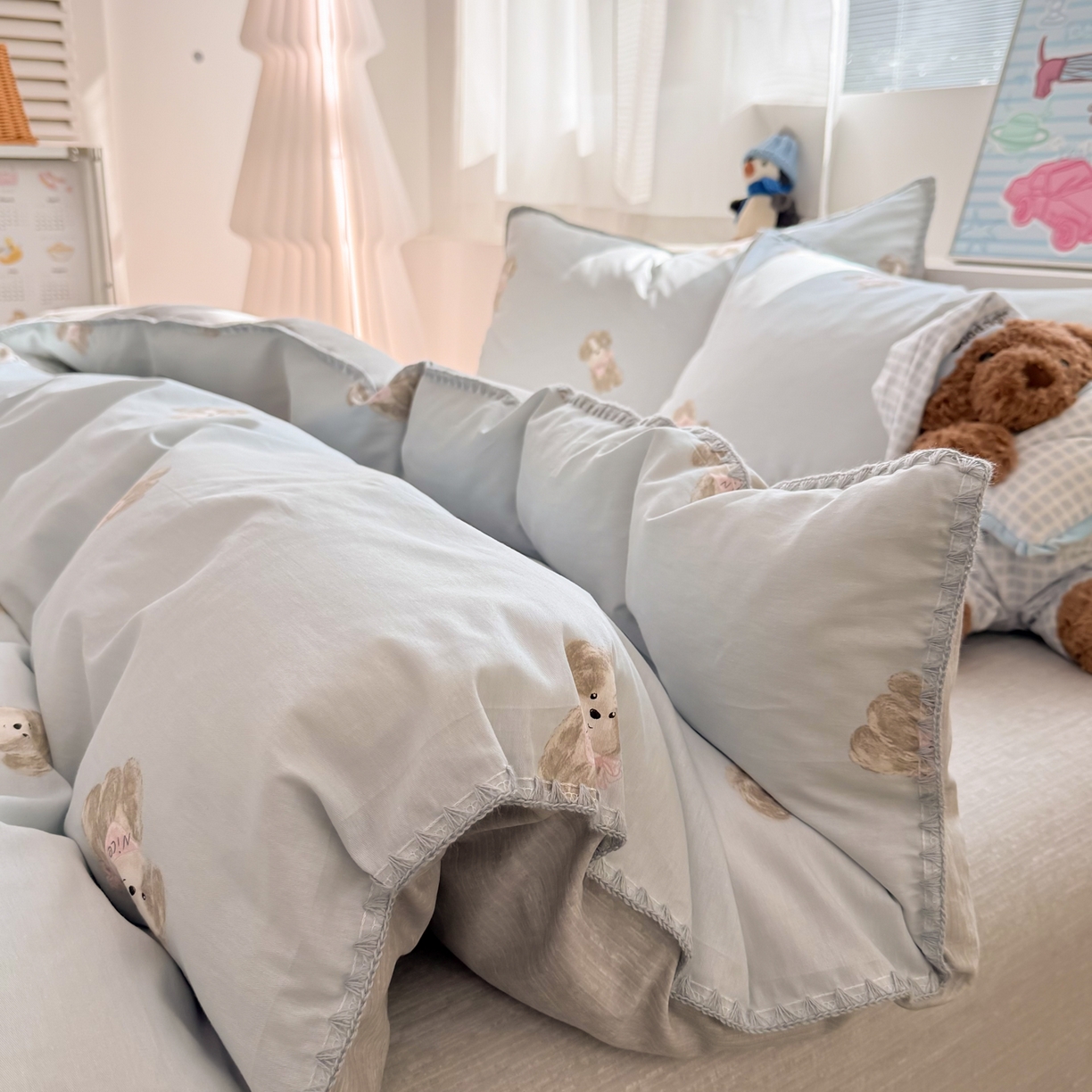 91家纺网 家纺一手货源 找家纺 女子家纺 2026新款贝壳边三角针12868全棉纯棉四件套 Nice狗狗-兰